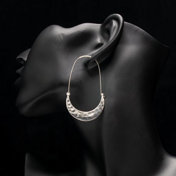 Crescent Moon Hammered Drop Hoop Earrings in Silver - Picture 2 of 3